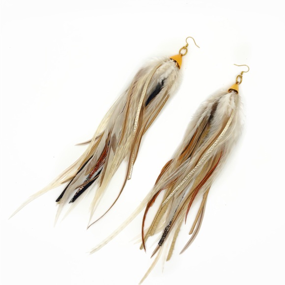 Elegant Feather Drop Earrings - cream and white with metallic leather accents - Picture 3 of 4